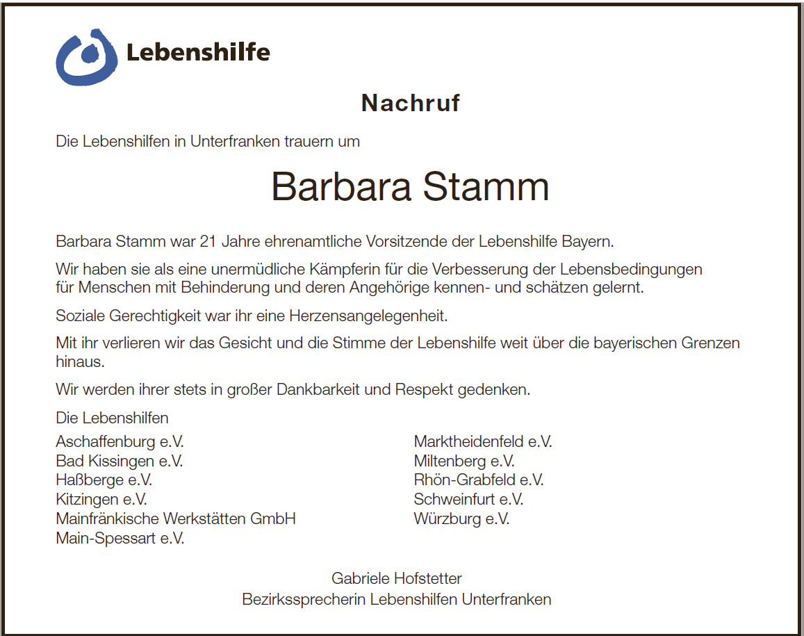 Nachruf Barbara Stamm - Lebenshilfe Miltenberg